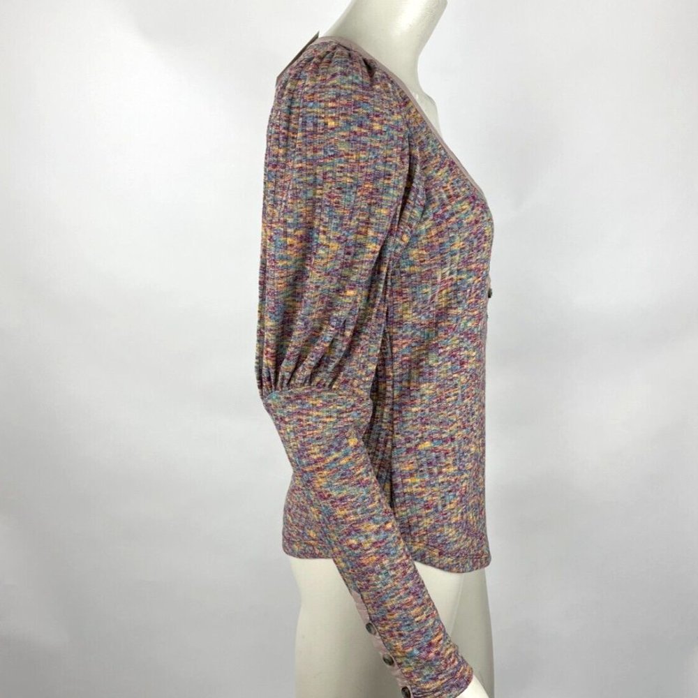 Anthropologie Puff-Sleeved Knit Henley Top Women S NWT Stretch Scoop Neck Purple - Picture 5 of 11